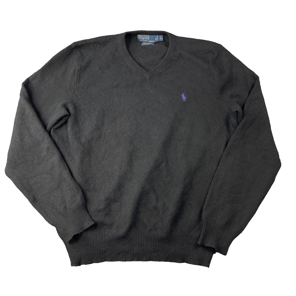 Polo Ralph Lauren Lambs Wool V-Neck Pullover Sweater Men's Large Black Hole VTG